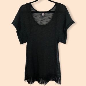 Free People Knit Sheer Black Fringe Blouse X-small